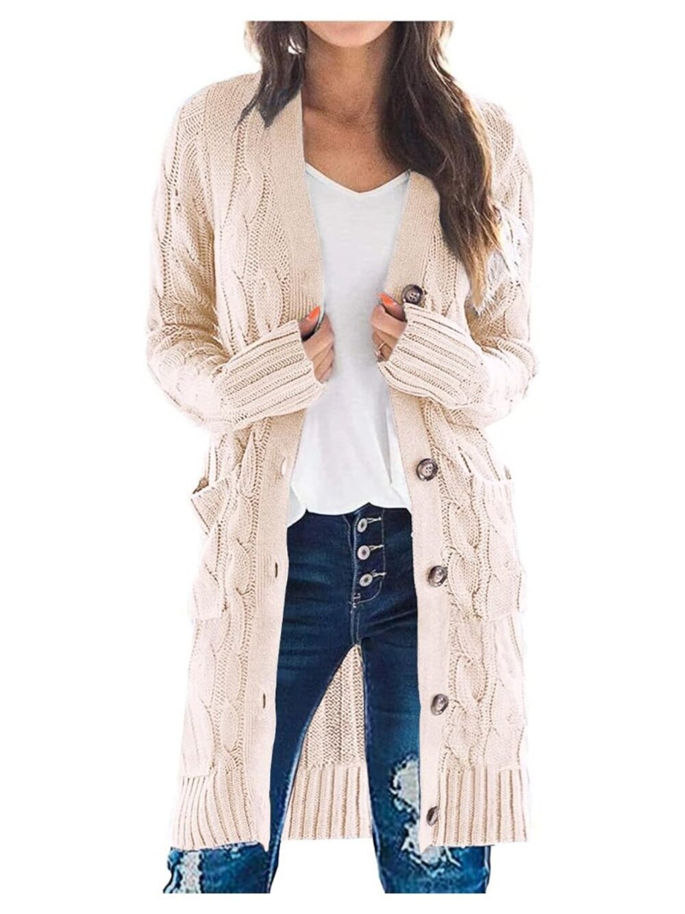 Cable Knit Long Cardigan Button Down Sweater with Pockets